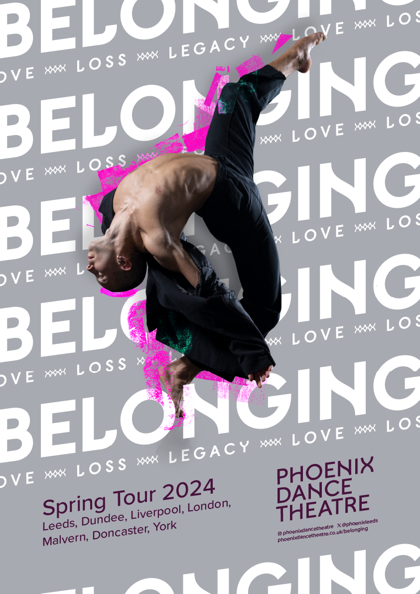 Dancer on pale grey background with word BELONGING written across it.