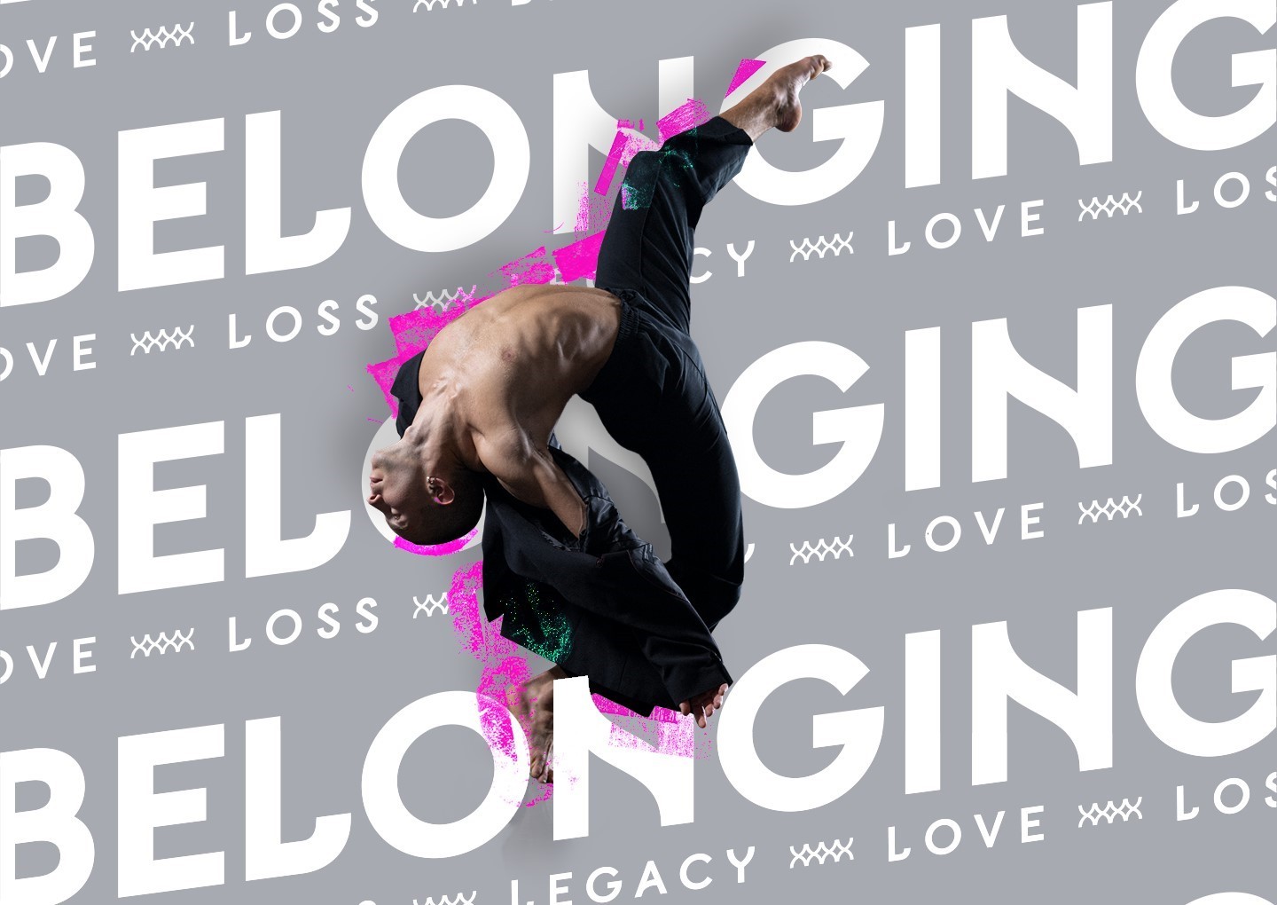 Male dancer on grey background with word BELONGING.